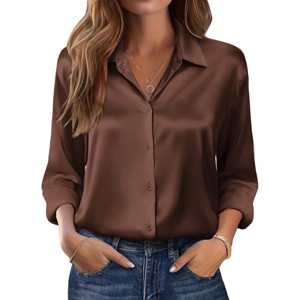 Womens Tops Long Sleeve Satin Silk Button Down Shirts Casual Business Dressy